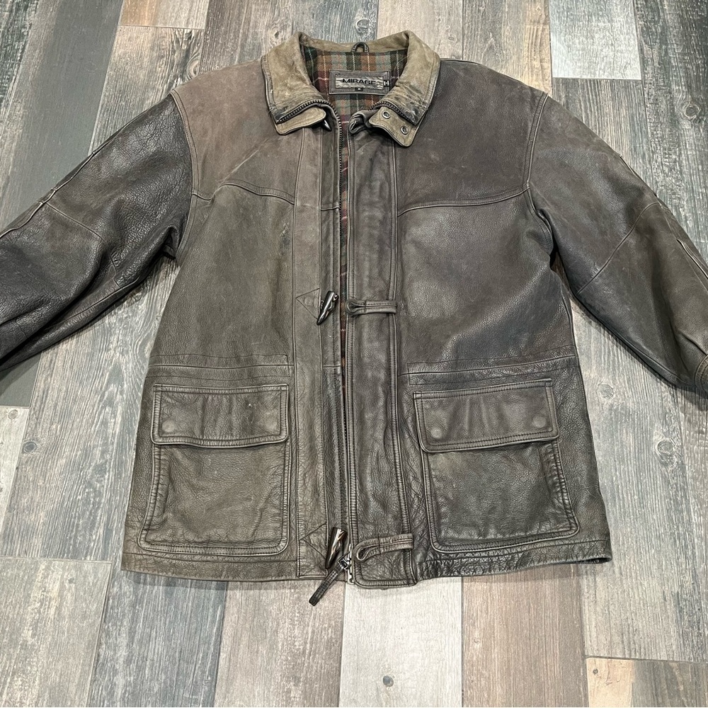 Vintage Mirage Brown Leather Barn Coat Flannel Lined Men Medium 90s Horn toggle